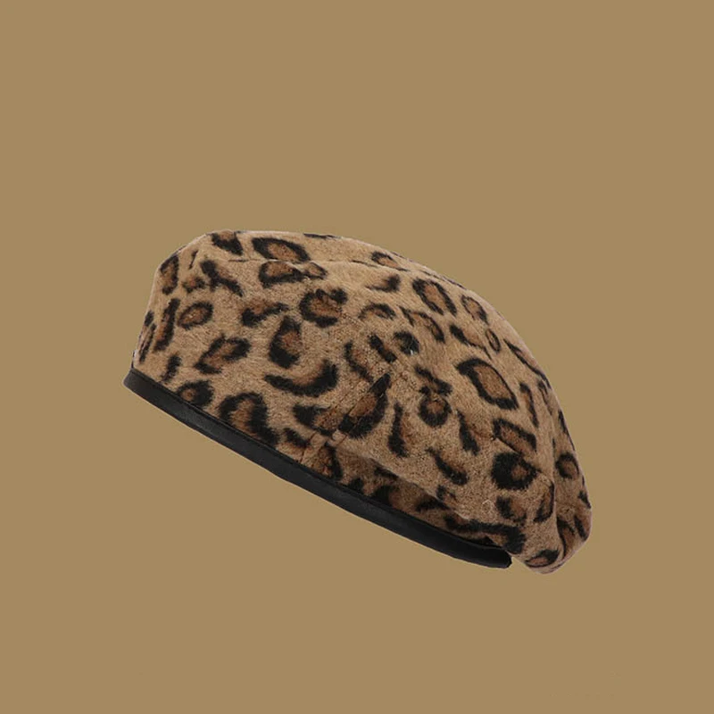 Beret Women\'s Leopard Pattern Versatile Retro Painter Hat Autumn/Winter British Bud Hat Pumpkin Hat