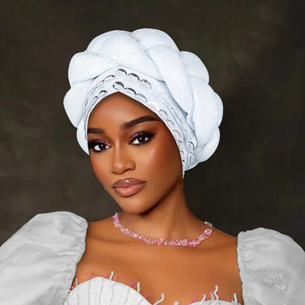 

New Sequin Turban Cap for Women Braids Headscarf Muslim Hijab Bonnet African Auto Gele Headtie Aso Oke Nigeria Wedding Head Wrap