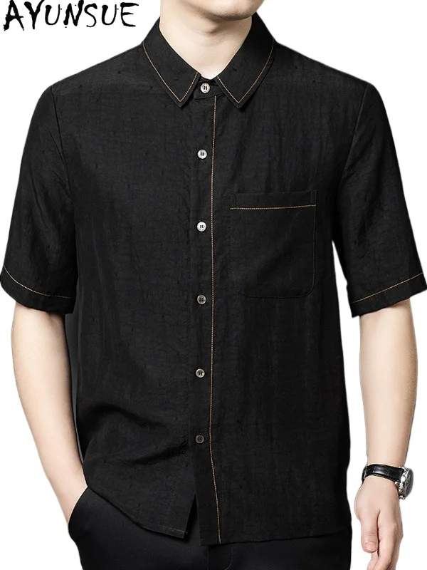 

AYUNSUE High-end 100% Natural Mulberry Silk Shirts Man Clothing 2026 Summer Gauze Silk Short Sleeve Tops Casual Black Shirt Men