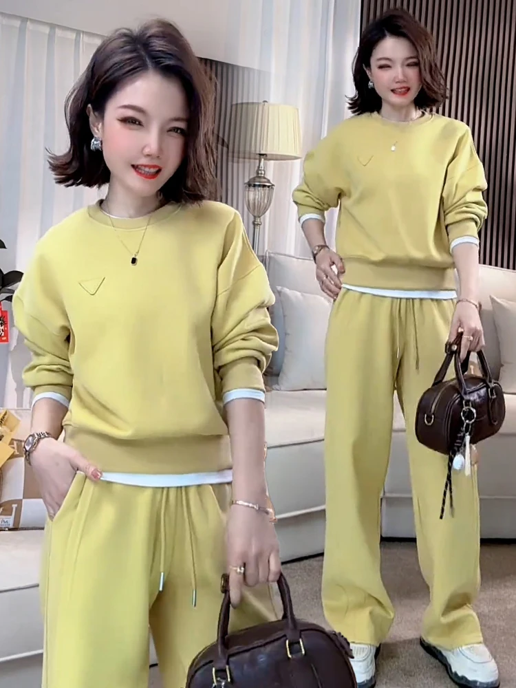 Fashion casual sportswear two piece set women's autumn 2025 new round neck pullover high waist drawstring wide leg pants