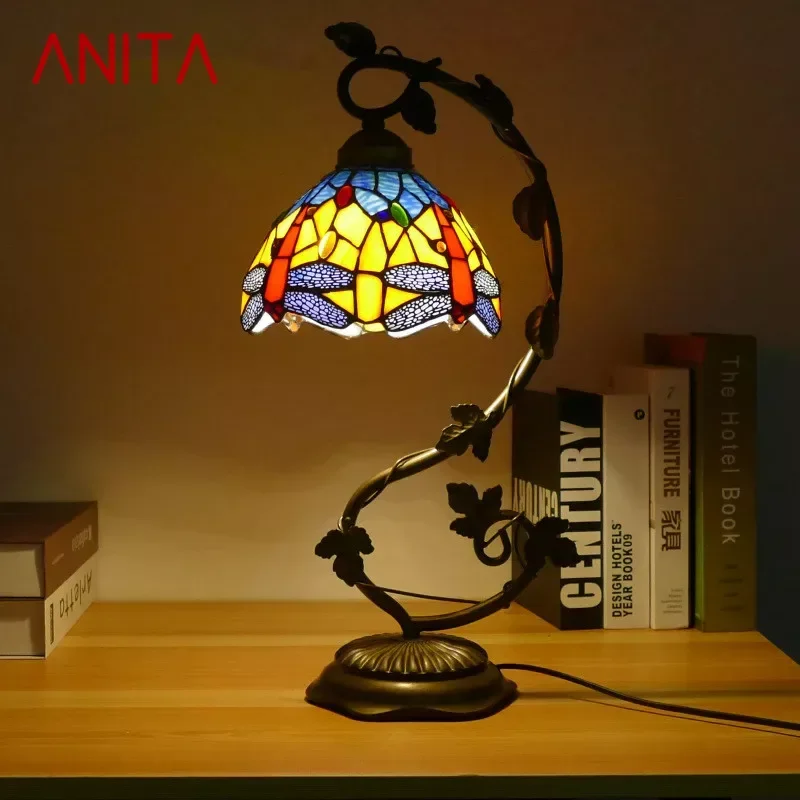 

ANITA Tiffany Table Lamp American Retro Living Room Bedroom Lamp Luxurious Villa Hotel Stained Glass Desk Lamp