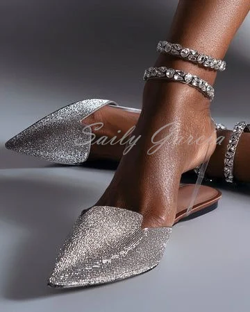 

Women Glittering Crystal Straps Flat Dress Shoes Bling Bling Pointed Toe Sandals Slingback Shiny Rhinestone Banquet Shoes