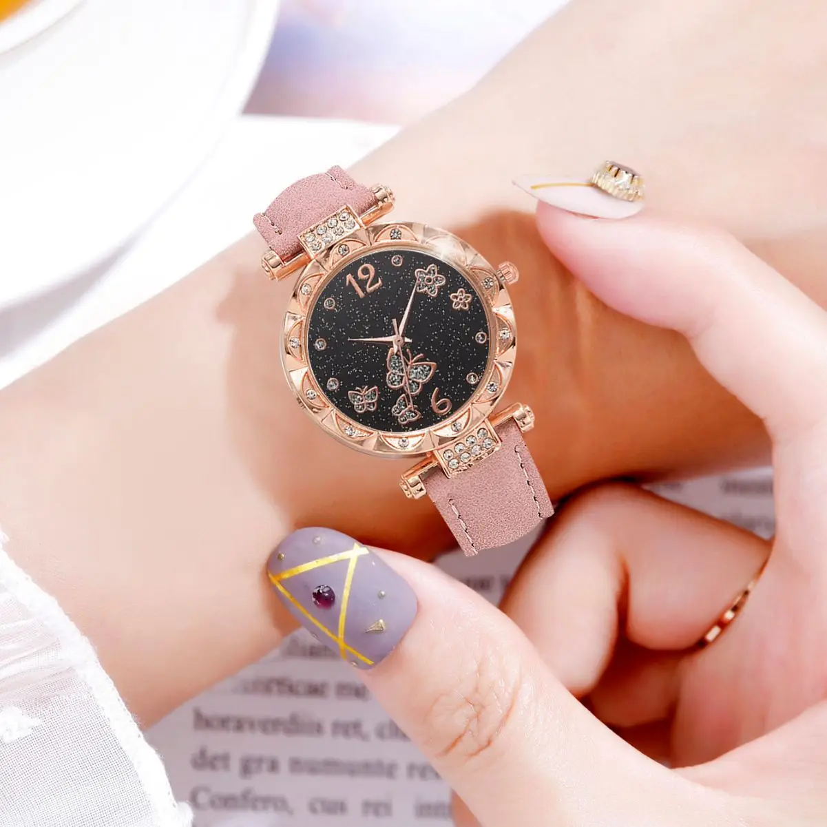 Часы наручные женские кварцевые с бриллиантовой бабочкой, модные роскошные брендовые дизайнерские, с кожаным ремешком, 6/1 шт.