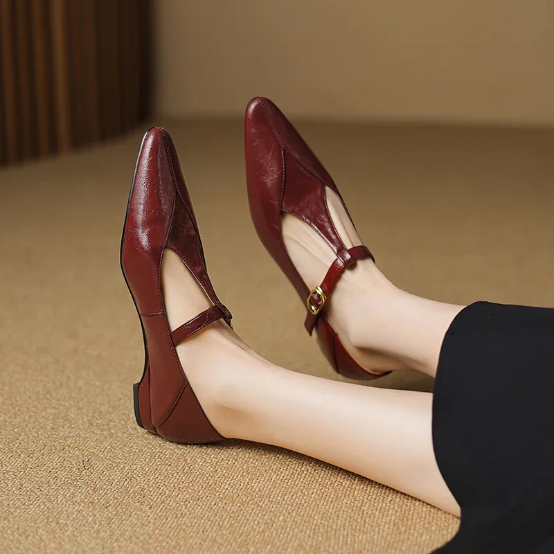 

2025 New Spring Women Pumps Pointed Toe Chunky Heel Genuine Leather Women Shoes Shallow Metal Buckle Strap Mary Janes Ladies