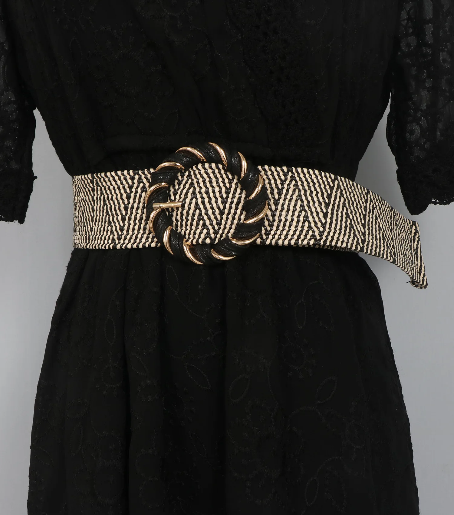 Cotton and Linen Woven Forest-Style Elastic Waist Belt with Round Pin Buckle, Retro Ethnic Wide Waist Cincher for Dresses Women
