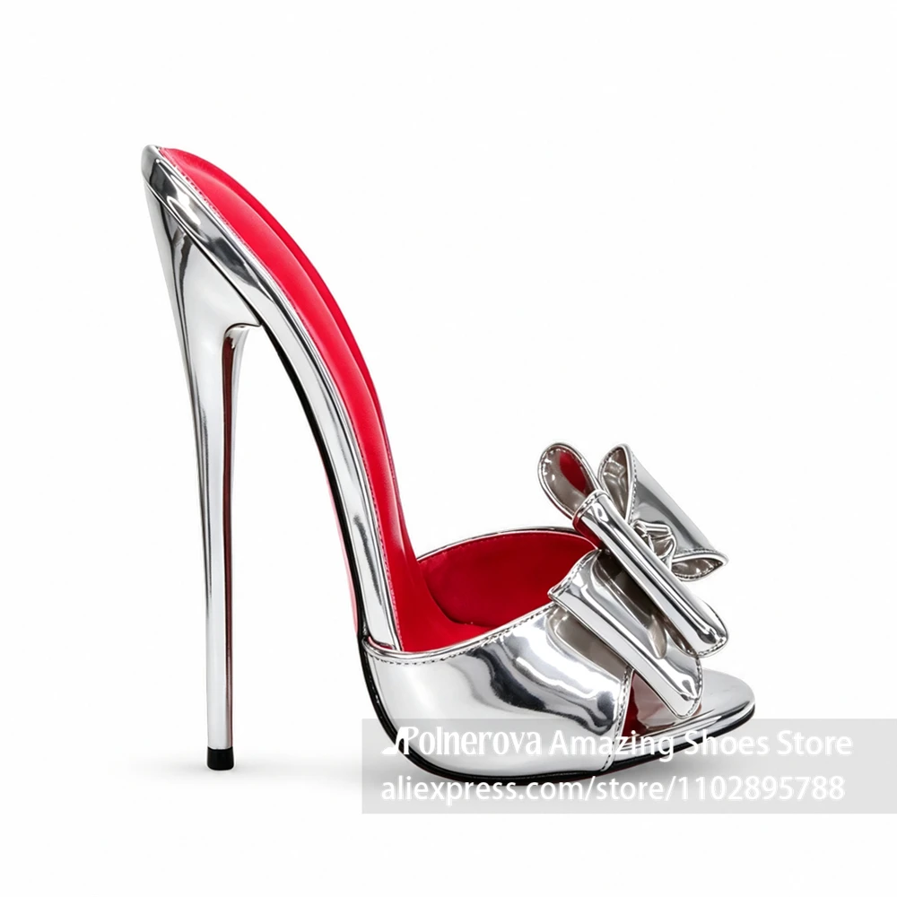 16cm Schleifendekor Stiletto-Absatz Mules Sexy Stil Lackierter Absatz Sommerschuhe Offene Zehenpartie Hoher Absatz Lackleder-Pantoletten für Damen