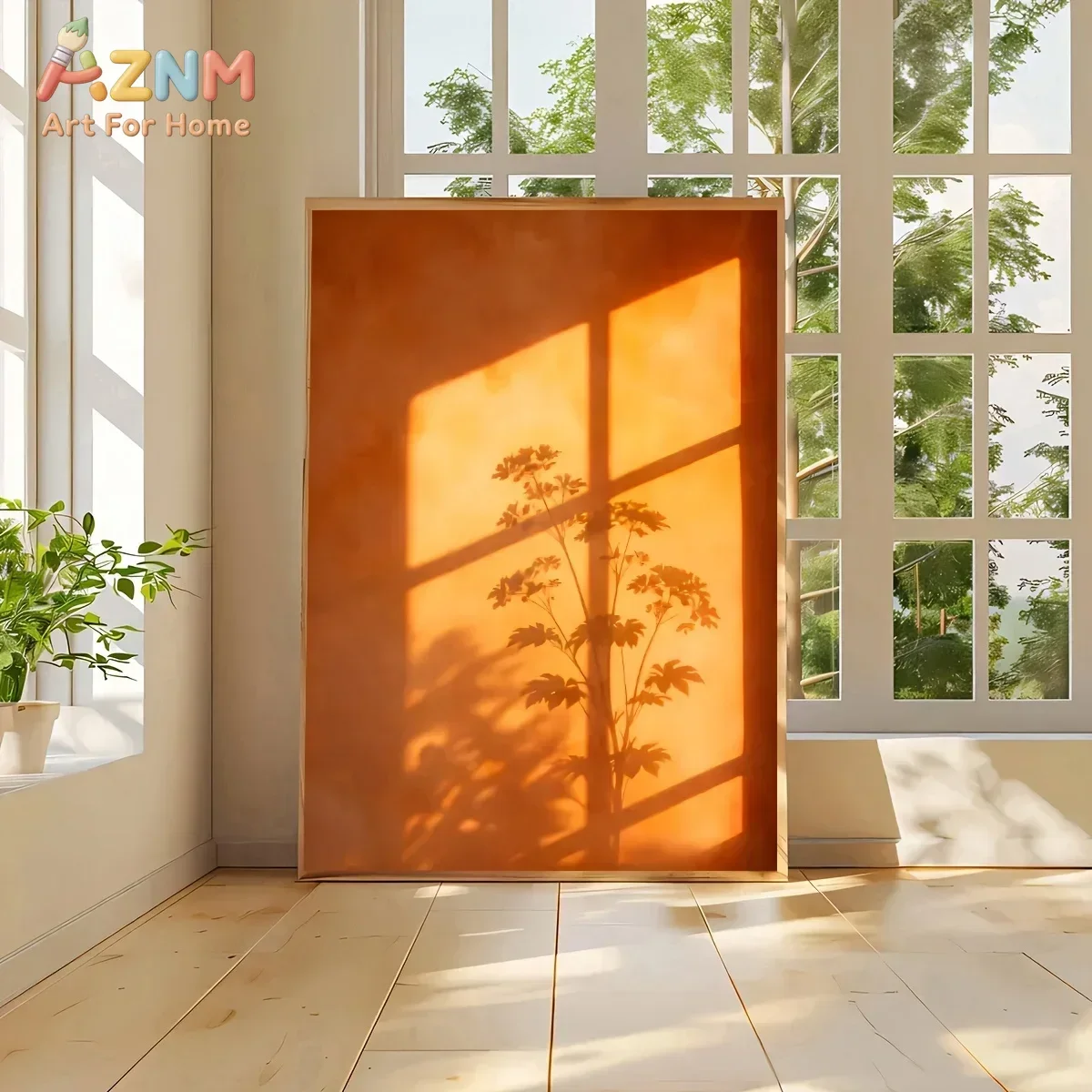 AZNM Warm Sunset Window Shadow Canvas Wall Art Golden Hour Plant Silhouette Print Poster Minimalist Orange Tone Nature Light Art
