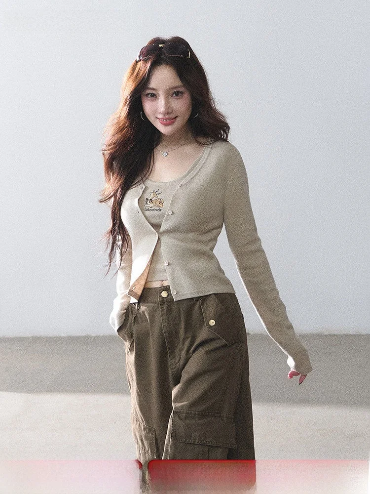 Harajuku Street Style Spring Wool Knitted Cardigan Strap Vest And Workwear Pants Set Women's Fashion Ensemble Long Sleeve Loo...