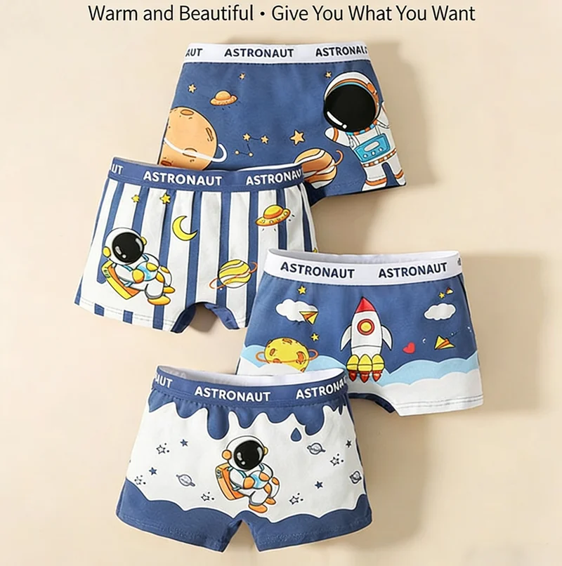 Kinderunterwäsche aus Baumwolle mit flachen Ecken, geeignete Elastizität, Aufdruck „Astronauten“, weiche und atmungsaktive Boxershorts für Jungen von 1–10 Jahren – Detail 3