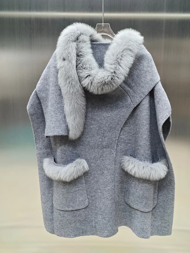 Fashion Women Cardigan Cloak Real Fox Fur Collar Loose Wool Jacket Poncho Coat Winter Thick Horn Buckle Capes Cloak