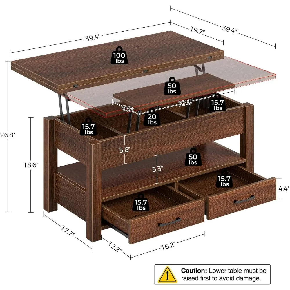 Table basse avec plateau élévateur, table basse convertible multifonction avec tiroirs et compartiment caché