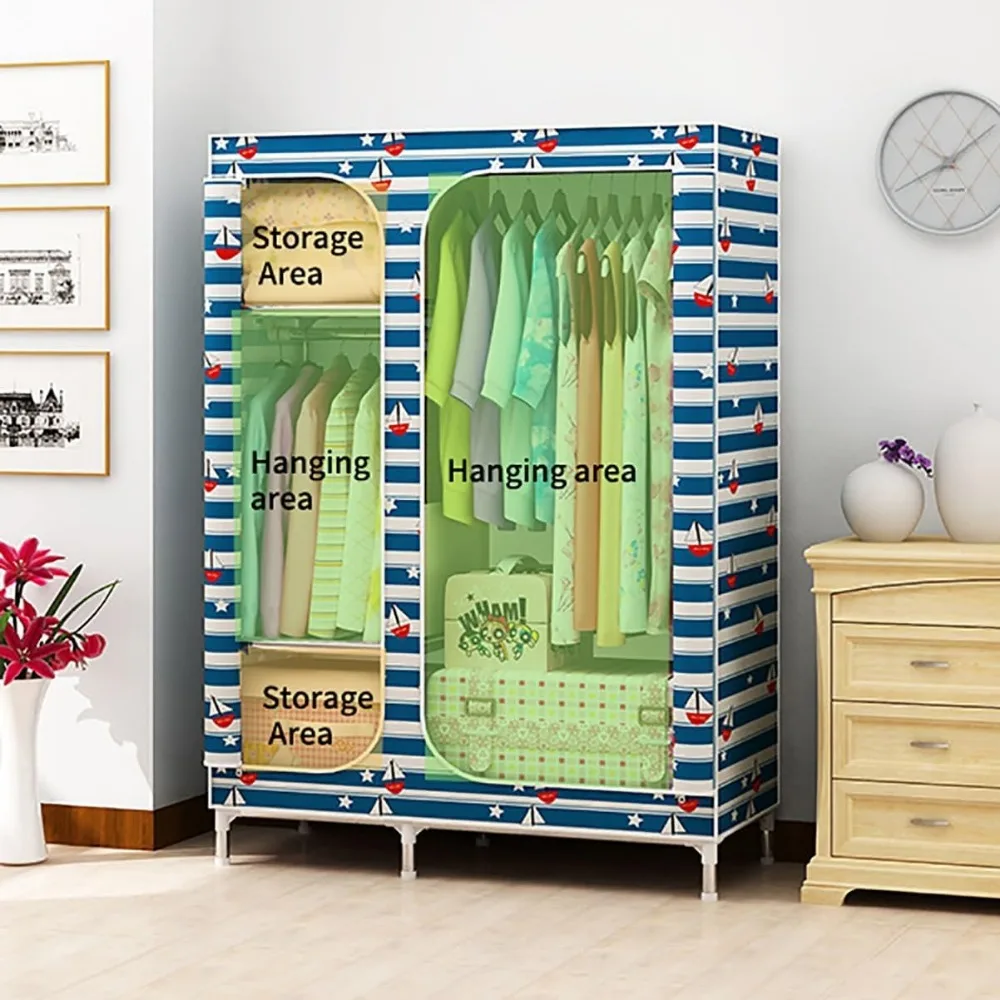 خزانة ملابس معدنية محمولة مقاس 66.14 بوصة مع 2 قضبان تعليق، غطاء قماشي لمنظم تخزين ملابس غرفة النوم