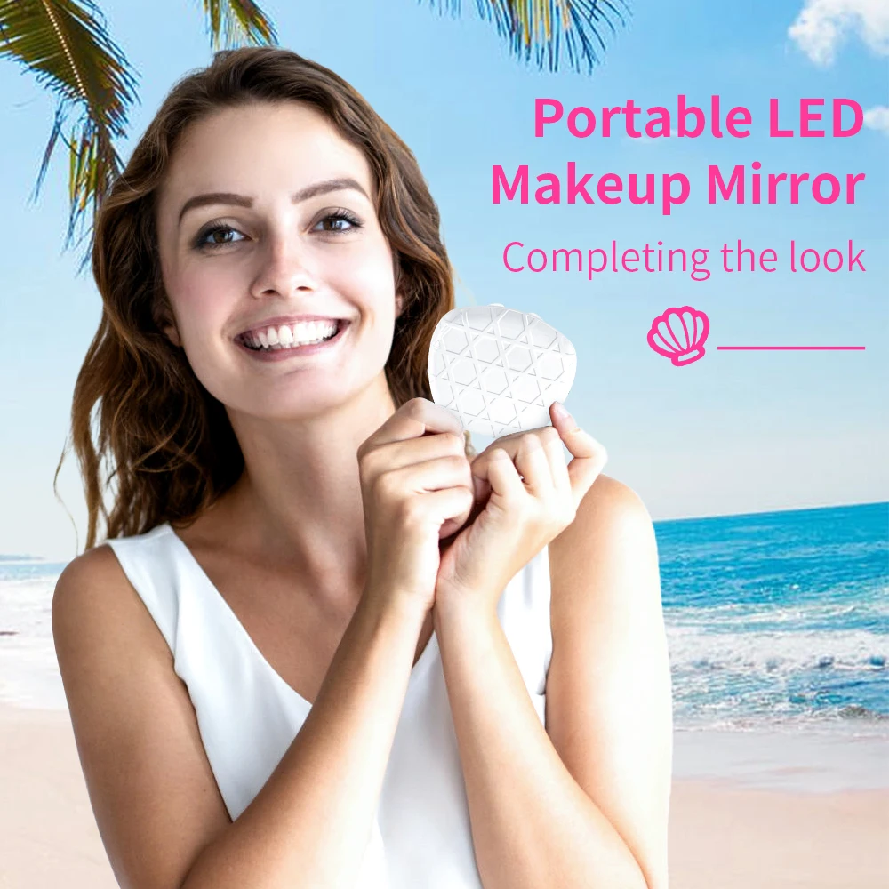 Shell Shape Makeup Mirror with Lights LED 5X Travel Mirror  Portable Compact Makeup Mirror with Adjustable Brightness