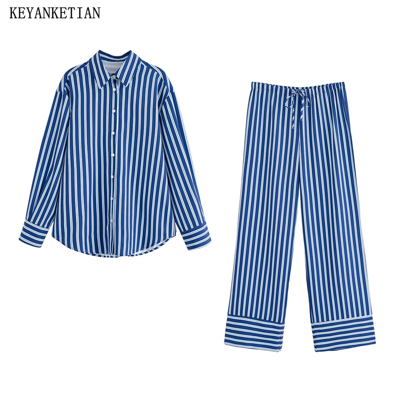 

KEYANKETIAN Spring/Autumn New Women's Single Breasted Long Sleeve Stripes Shirt Drawstring Elastic Waist Long Trousers Two-Piece