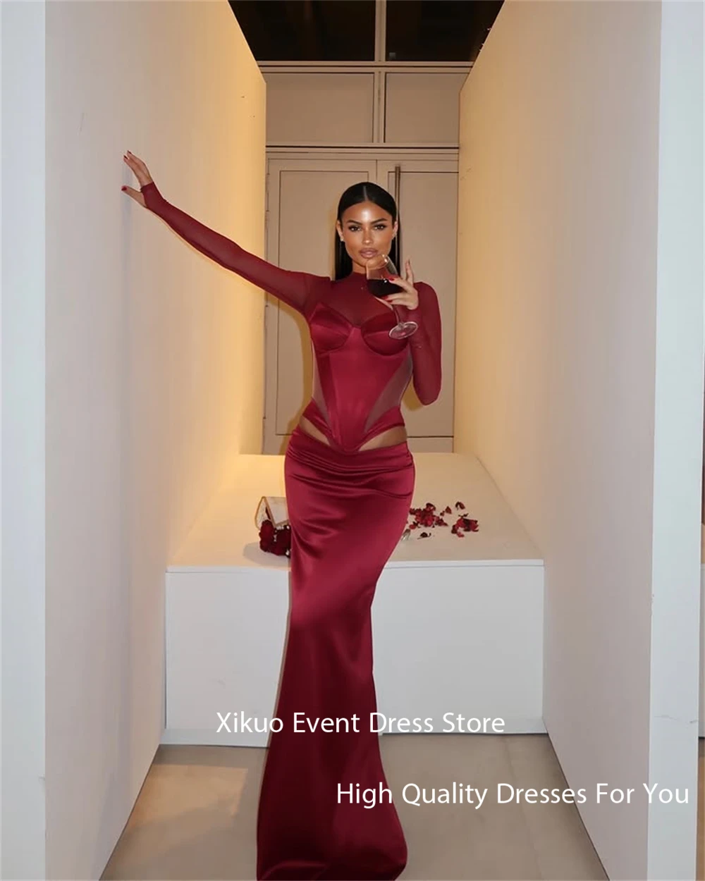 Xikuo バーガンディサテンロング女性のイブニングドレスイリュージョンフルスリーブローブ · ド · ソワレファムマーメイドウエディングパーティードレスカスタマイズ