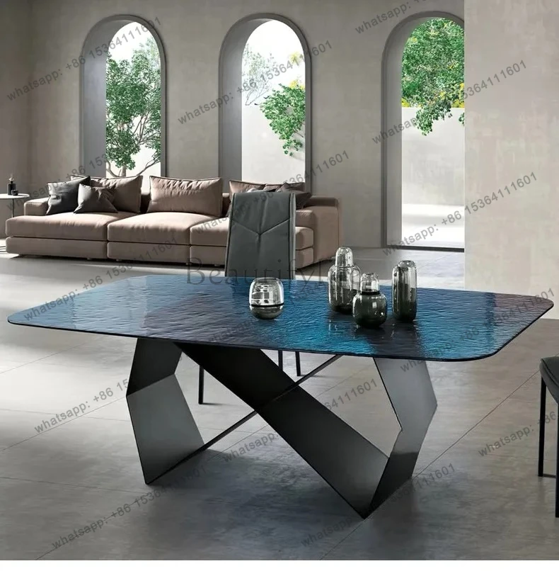 Italian light luxury hot melt water corrugated dining table villa  tempered glass rectangular table stainless steel