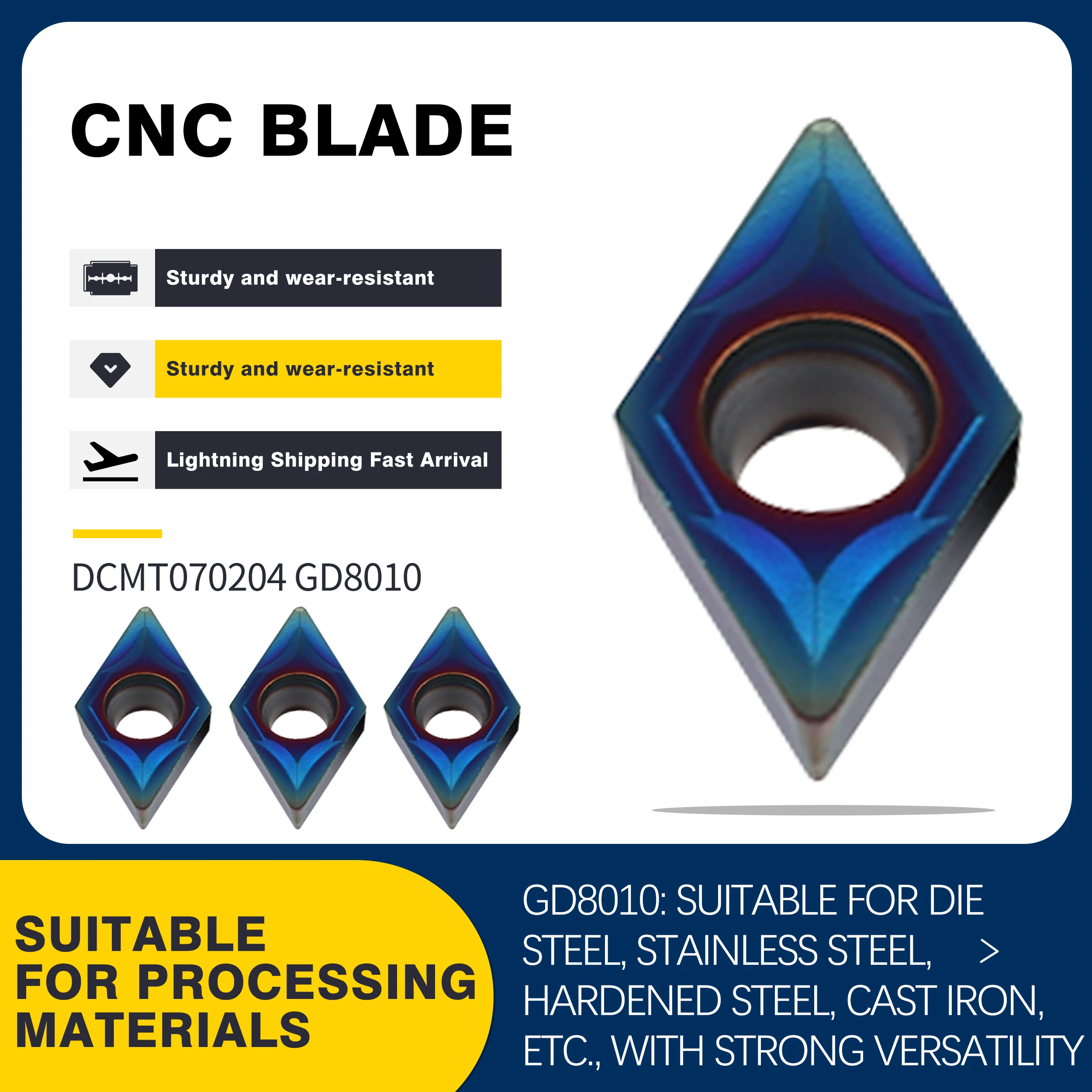 

DCMT11T304 GD8010 DCMT11T308 GD8010 Carbide Cutting Tools CNC Lathe Cutting Blades Nano Blue Turning Inserts,For Steel Cast Iron