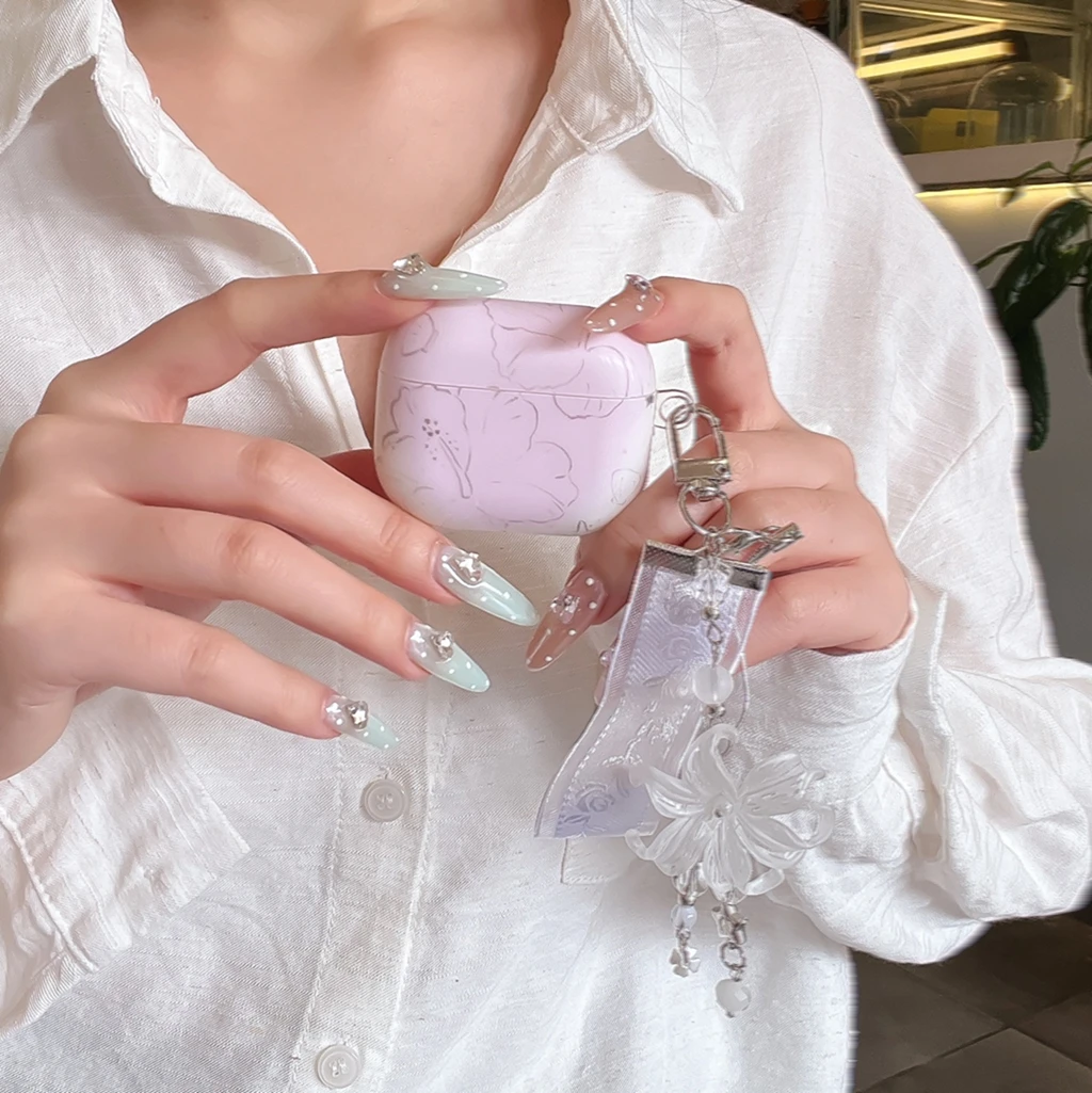 Elegant Pink Hand-painted Hibiscus Flowers 3D Hibiscus Stars Pendant Matte Earphone Protect Case AirPods 2 3 4 5 Pro Pro2 Pro3