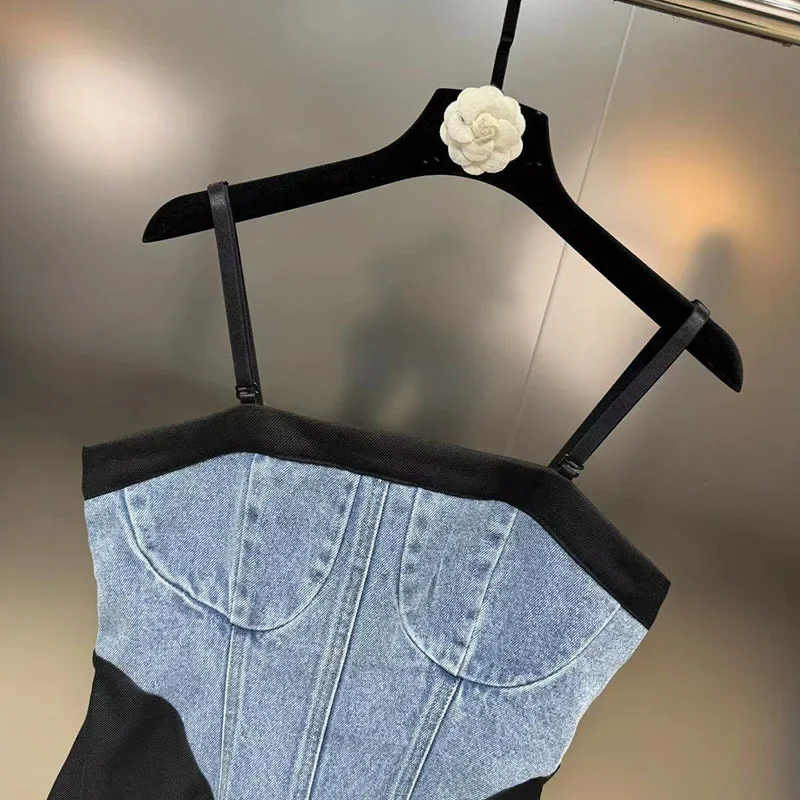 DEAT Shoulder Strap Detachable Denim Splice Dresses For Women 2024 Summer New Fashion Versatile Suspenders Dress Female 11XX9233