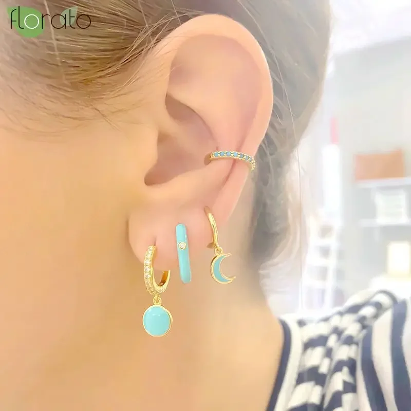 925 Sterling Silver Small Hoop Earrings, Blue Pendant