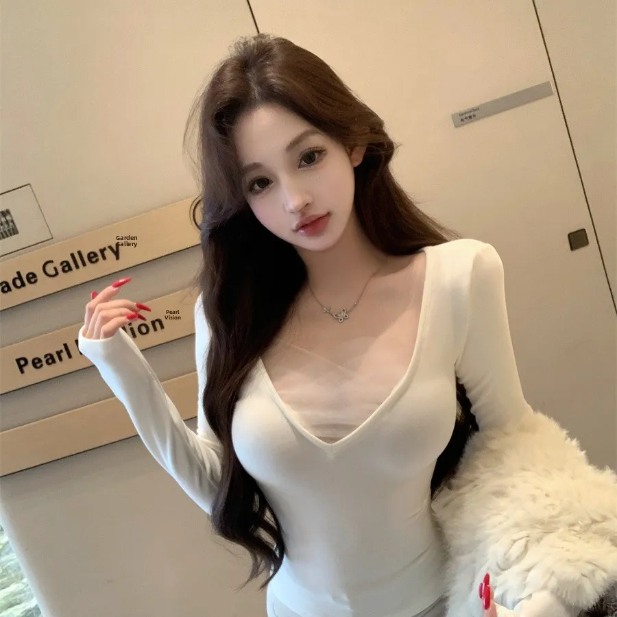 スリムVネックロングスリーブパネルウエストシェイプトップレディースファッション秋冬新作ピュアデザイアレーストリムTシャツ...