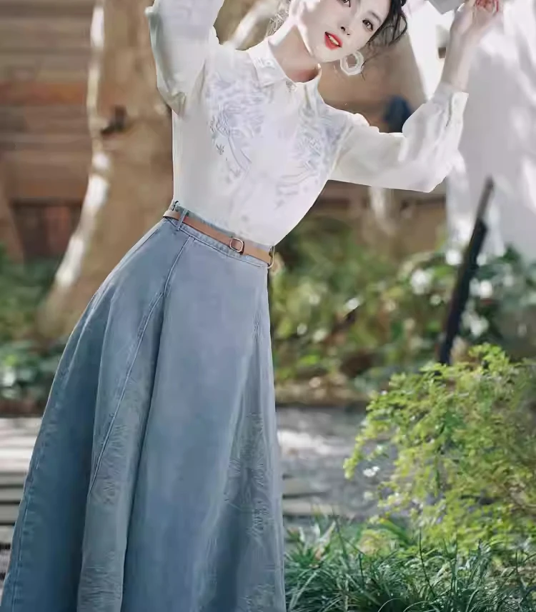 Primavera Autunno Jacquard Sciolto senza maniche Azzurro Gilet versatile Moda Retro Riduzione dell'età Gonna in denim universitario a vita alta