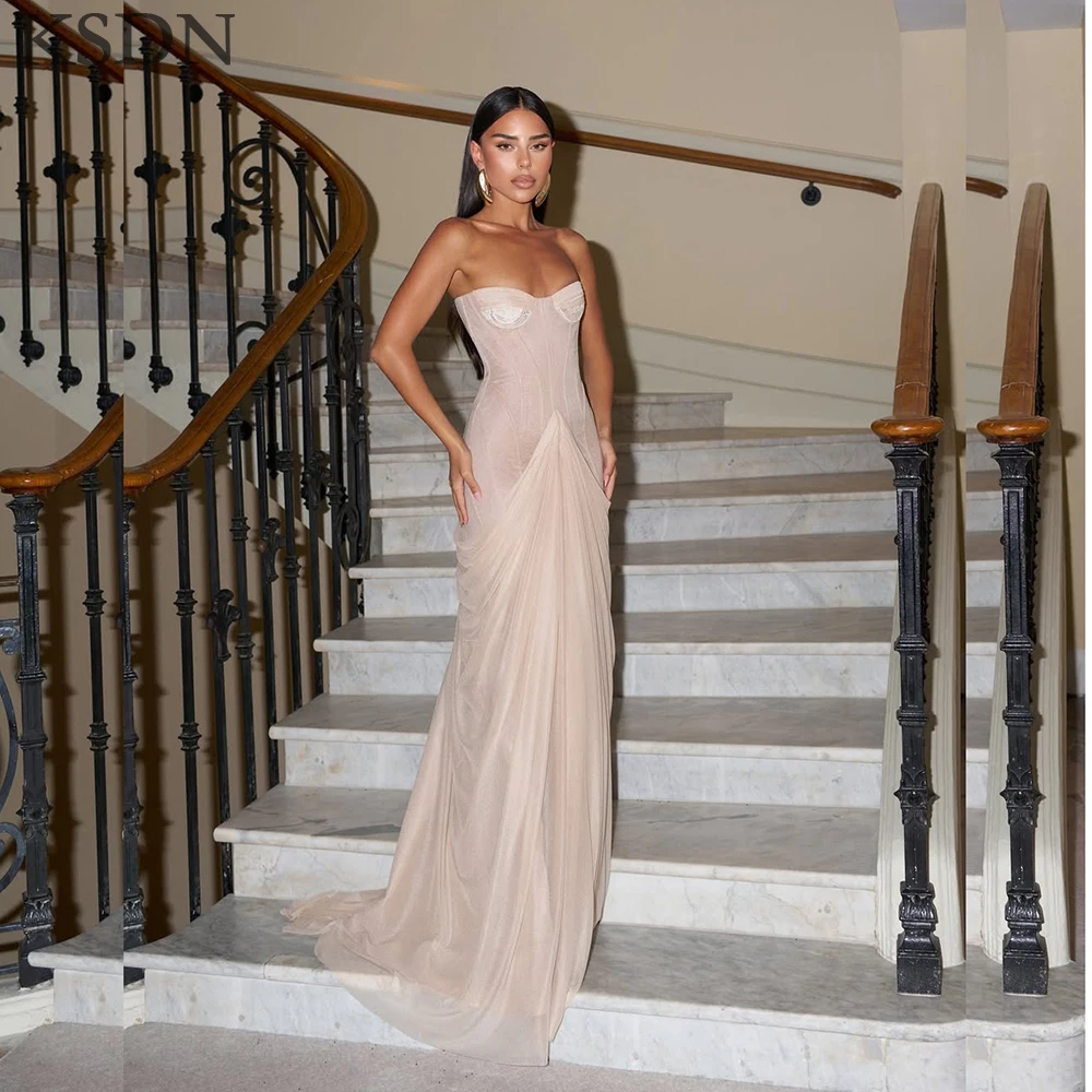 

KSDN Formal Strapless Pleat Sweep Train Evening Dresses 2025 Fashion Sleeveless Customzied Special Occasion Gowns Vestidos 2025