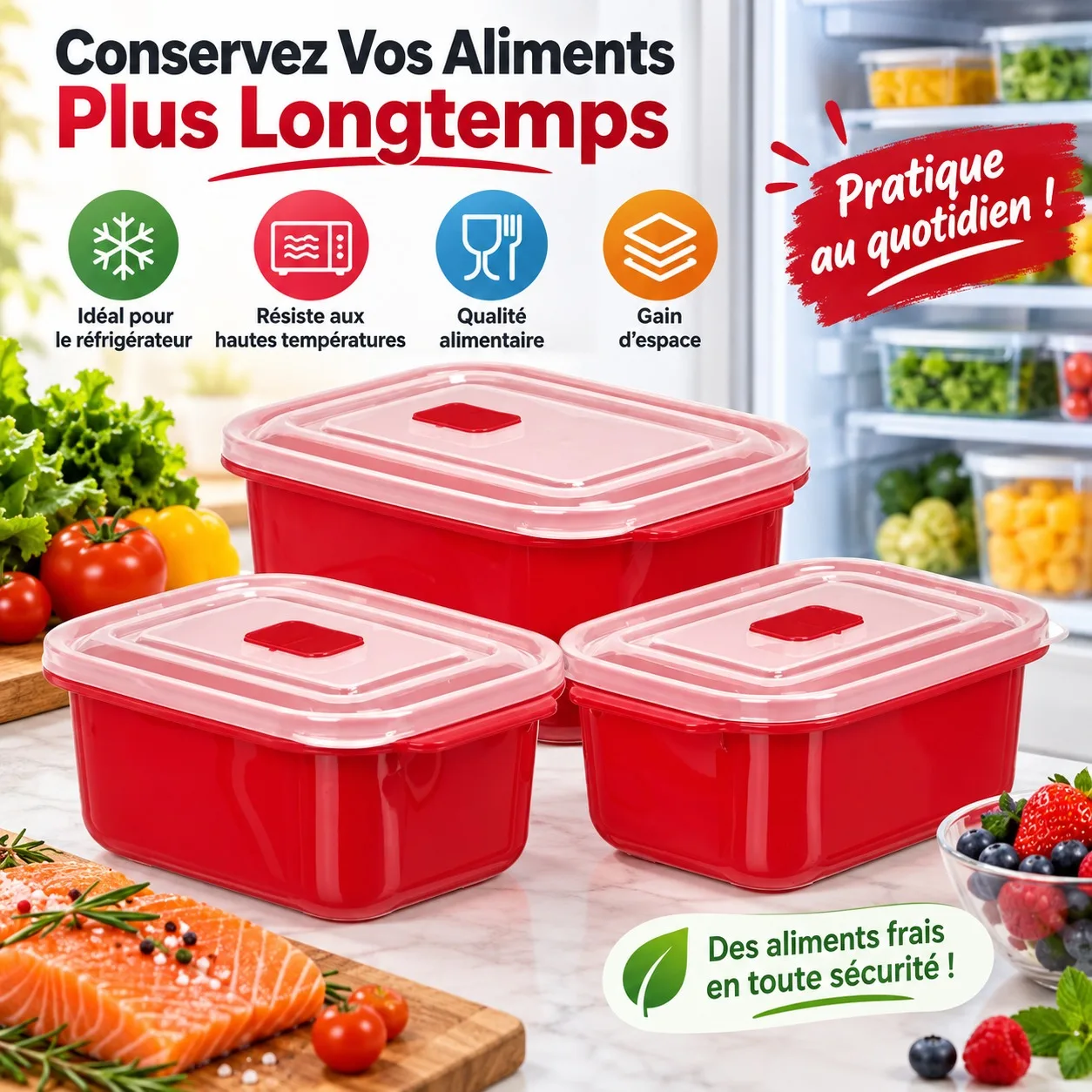 Juego de 3 recipientes de plástico rojo para guardar alimentos, aptos para microondas, con tapa hermética y válvula para transportar el almuerzo y los restos de comida. Capacidad de 1 litro y 2 litros.