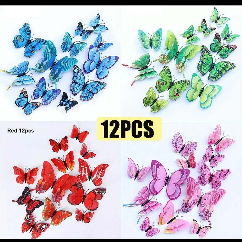 Pegatinas de pared de mariposas 3D de doble capa, 12 piezas, decoración para sala de estar, boda, habitación de niños, arte de pared DIY, pegatinas