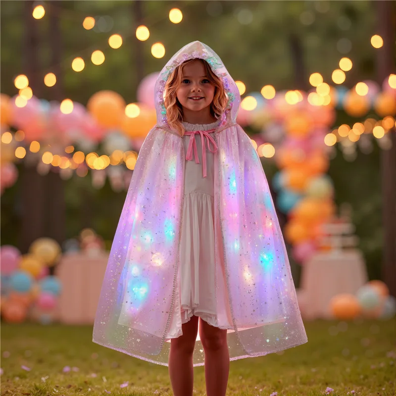 New Hooded Cape with LED Light Halloween Cloak Light Up Colorful Cape Princess Cosplay Cape Party Supplies for Kids Little Girls
