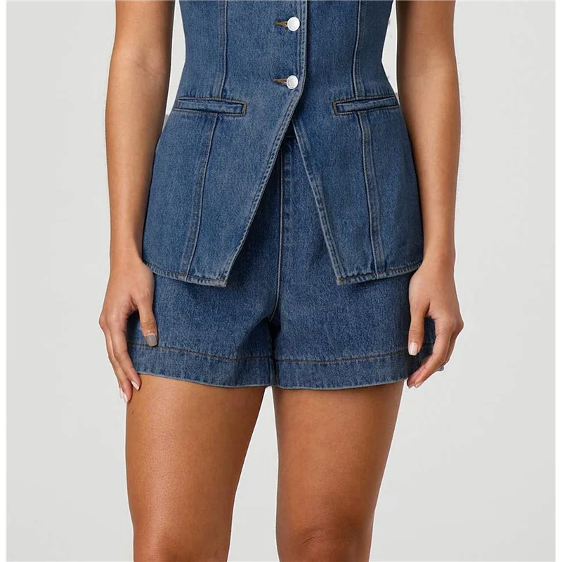 ABRT-ผู้หญิง DENIM 2 ชิ้นชุดลําลอง V คอ Jean เสื้อกั๊กเสื้อและกางเกงขาสั้นเอวสูงชุด tracksuits