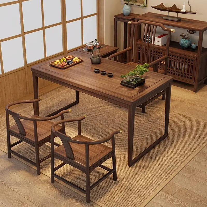 

Small apartment Chinese walnut balcony table and chairs tea solid wood combination tea table Zen household integrated kung fu