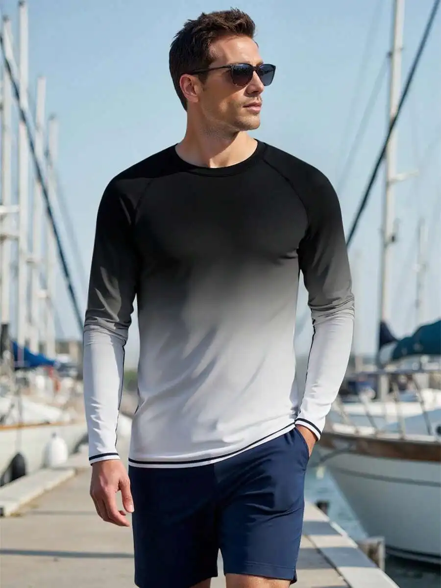 

Mens Ombre Crew Neck Long Sleeve Rash Guard Swim Shirt