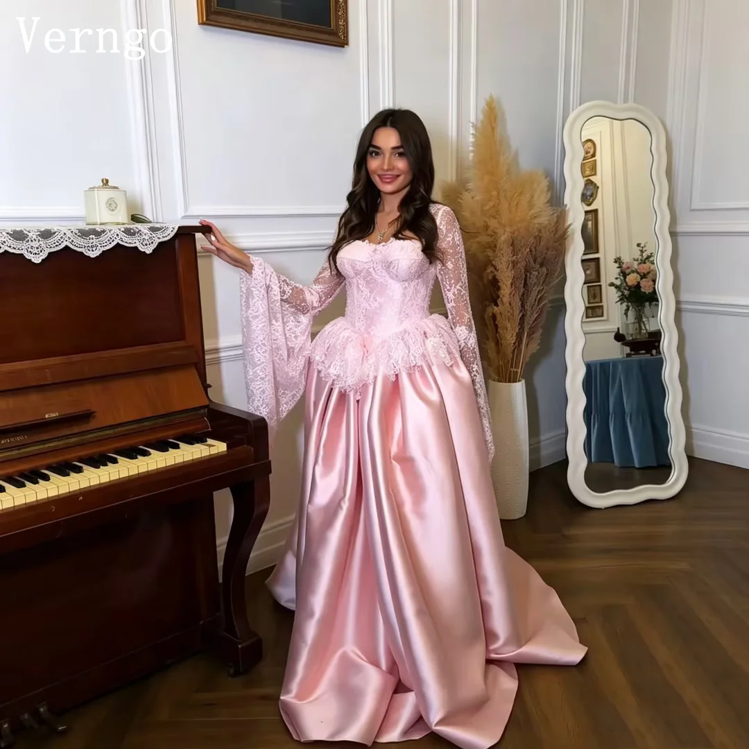 Verngo Pink Satin Evening Dress Square Collar Full Sleeves A Line Pleated Party Dresses Arabia Prom Gown Customized