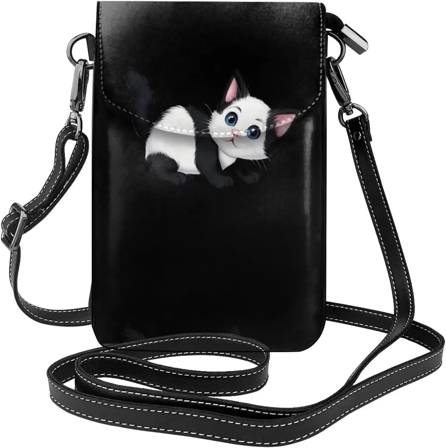 

Pink ear black and white little cat printing Ladies' mobile phone with leather foreskin, crossbody flip cover