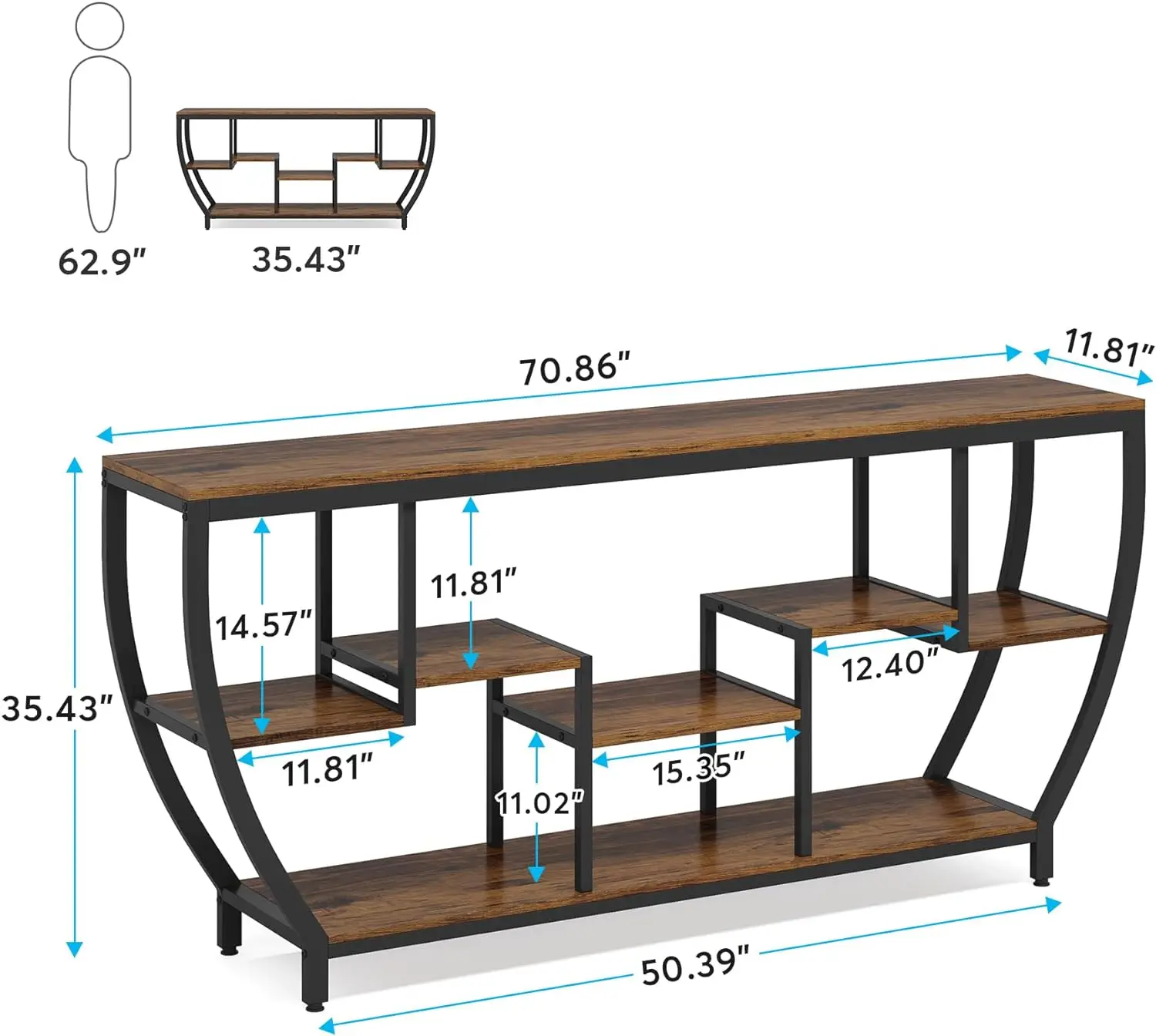 Meja Sofa panjang 70.9 inci dengan rak, meja konsol pedesaan dengan penyimpanan, dudukan TV meja pintu masuk industri, di belakang Sofa