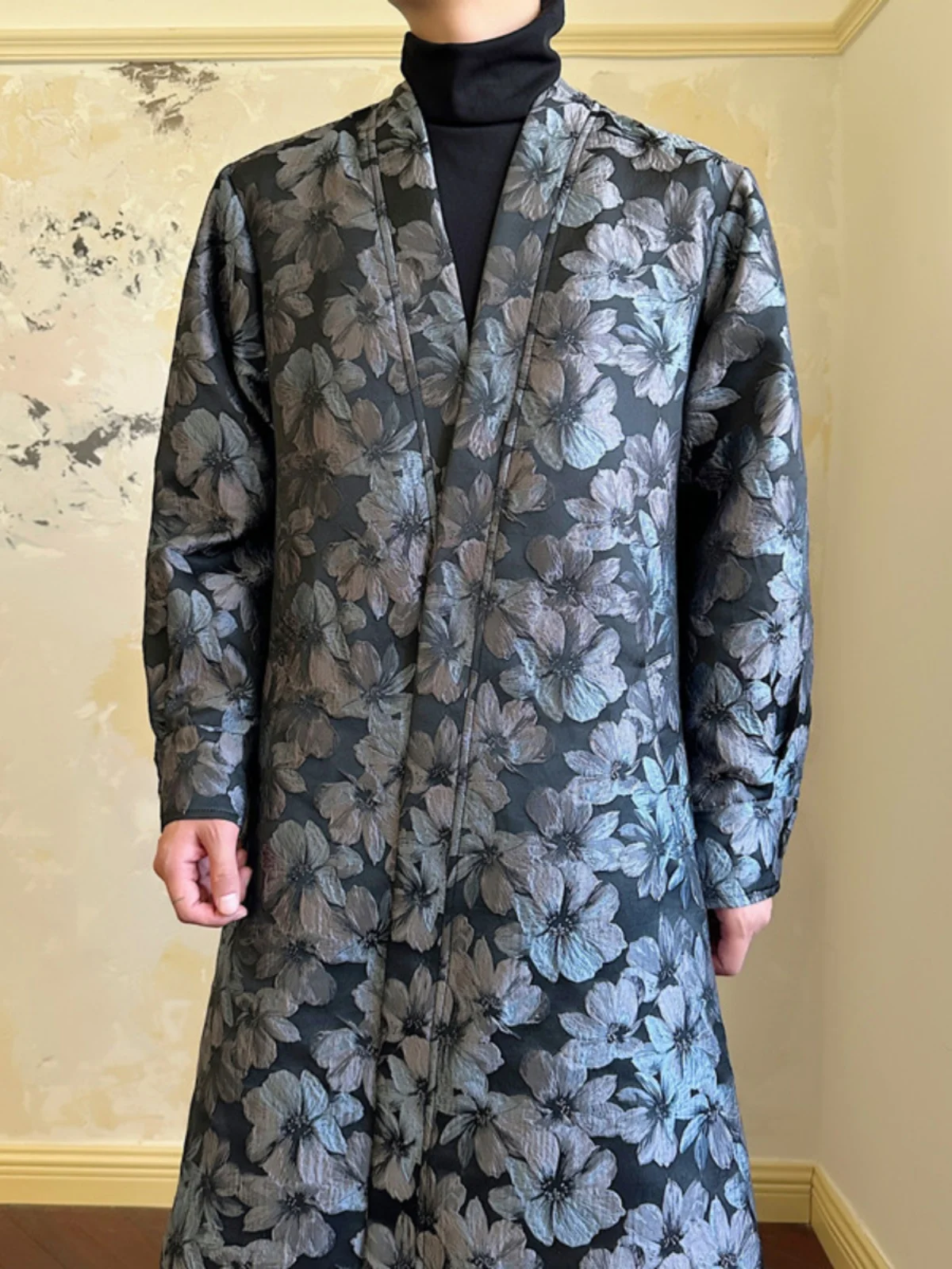 

Ретро китайский Sle с цветочным силуэтом, большое пальто средней длины без пуговиц, мужская верхняя одежда, модное длинное пальто, осенний сезон