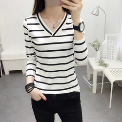 Autumn Winter Women's T-shirt Women Loose Long sleeves V-Neck Shirt Ins Inner wear Korean Fashion Black White Stripe Y2K Top