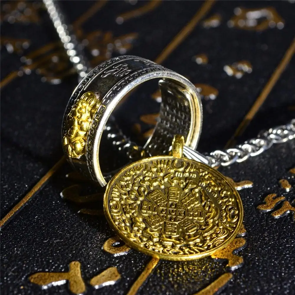 Retro six words true words heart sutra brave ring nine palace eight diagrams hanging tag necklace