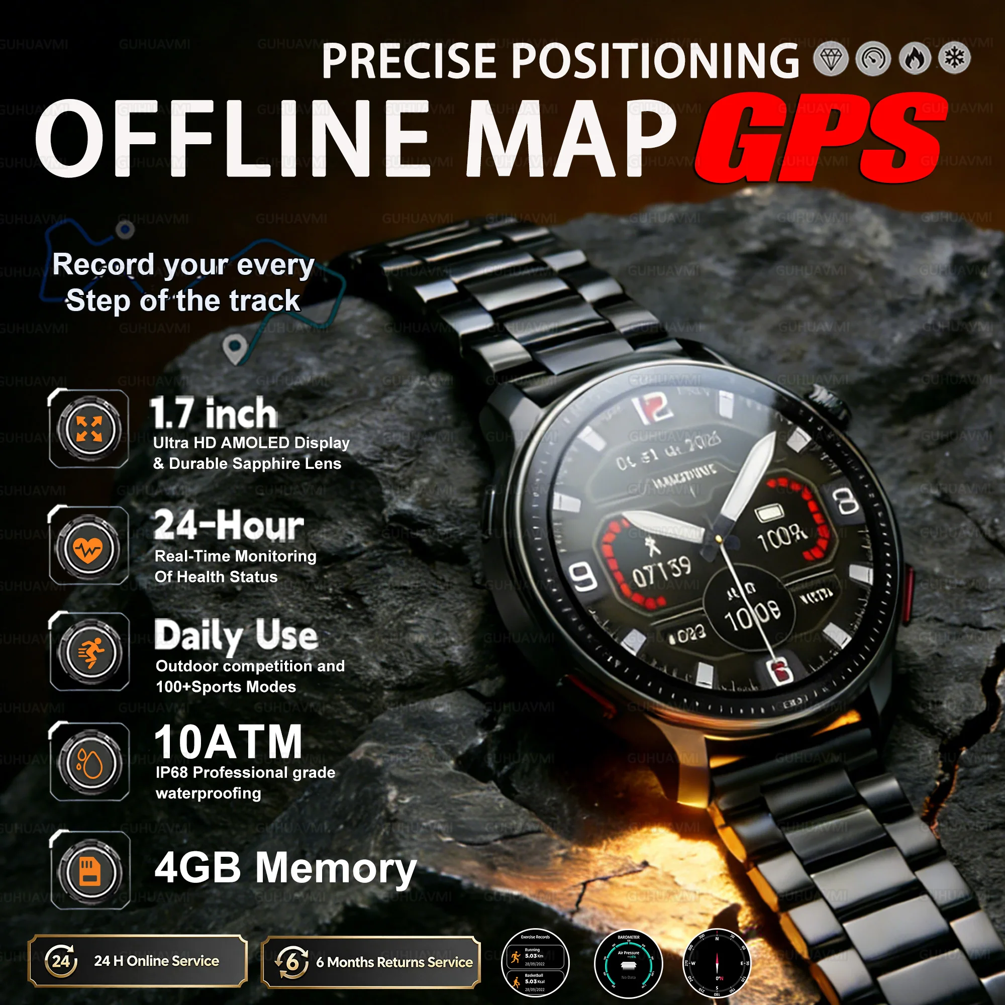 2026New GPS Offline Maps Smart Watch 1.43 AMOLED Military Sports Smart 4GB Memory Video Player 100m Swim Waterproof Bracelet Men