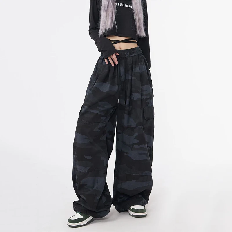 100% Cotton Camouflage Women Cargo Pants Y2K High Waist Streetwear Loose Wide Leg Pants Bf Hip Hop All Match Jogging Trousers