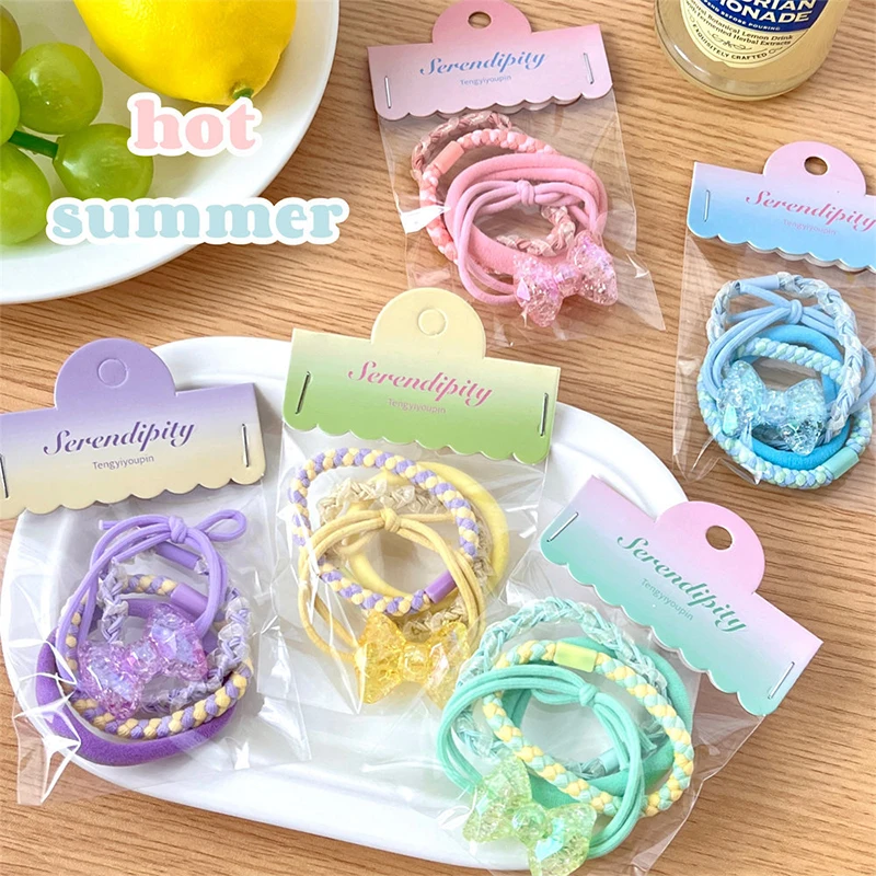 4Pcs Cute Crystal Bow Hair Rope Sweet Elastic Hair Ties High Ponytail Holder Rubber Band For Girls Children Hair Accessories