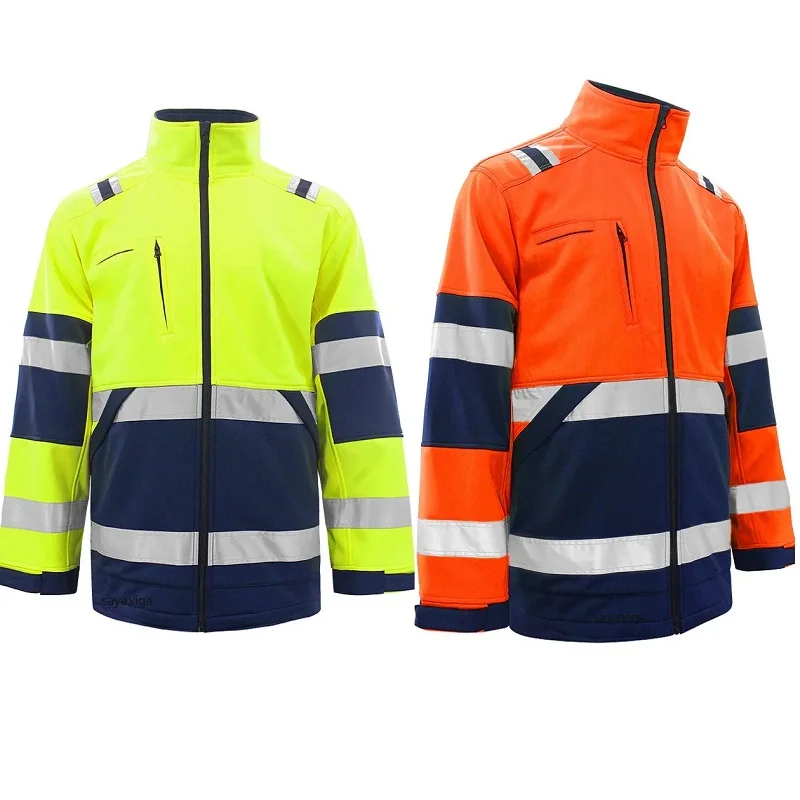 Autumn Winter High Visibility Reflective Fleece Jacket Winter Stripe Patchwork Hoodies Two Tone Stand Collar Safety Work Clothes
