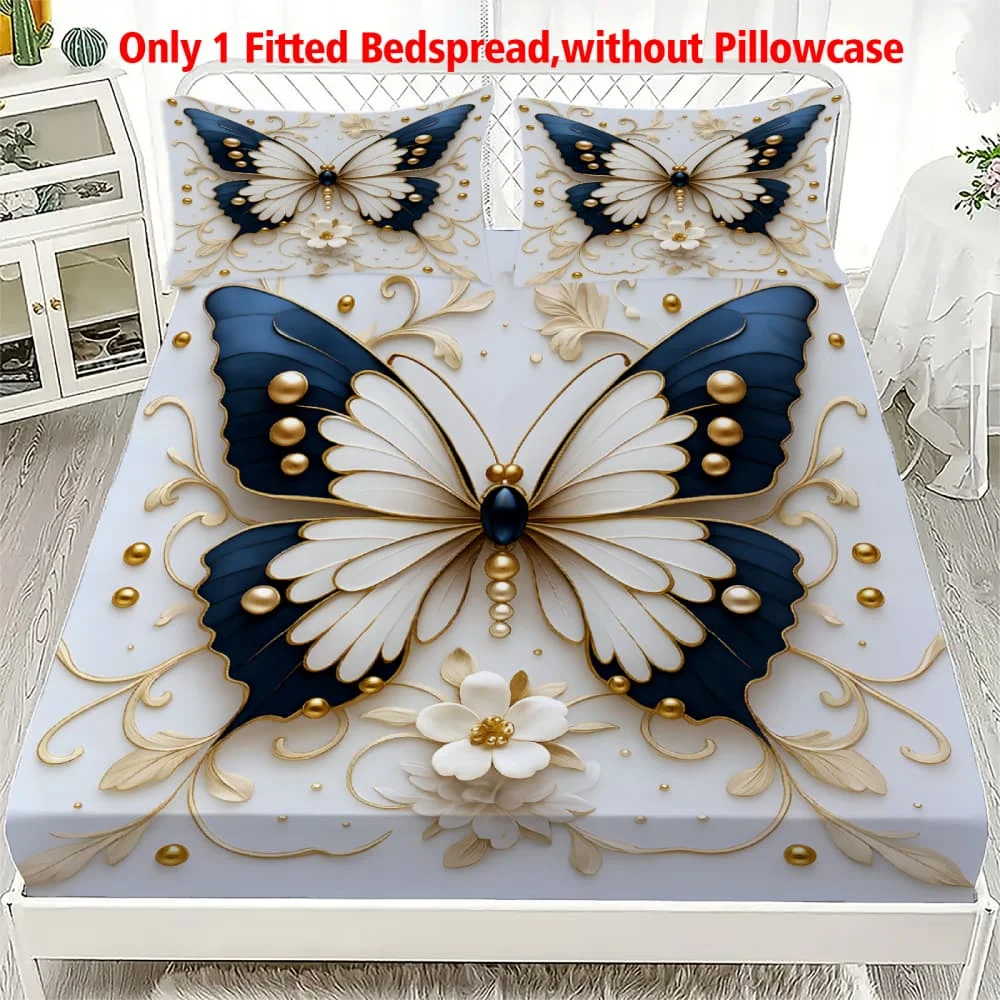 1pc Navy Blue & Gold Butterfly Print Fitted Sheet Deep Pocket Elastic Mattress Cover Single Double Queen King Bedroom Decor