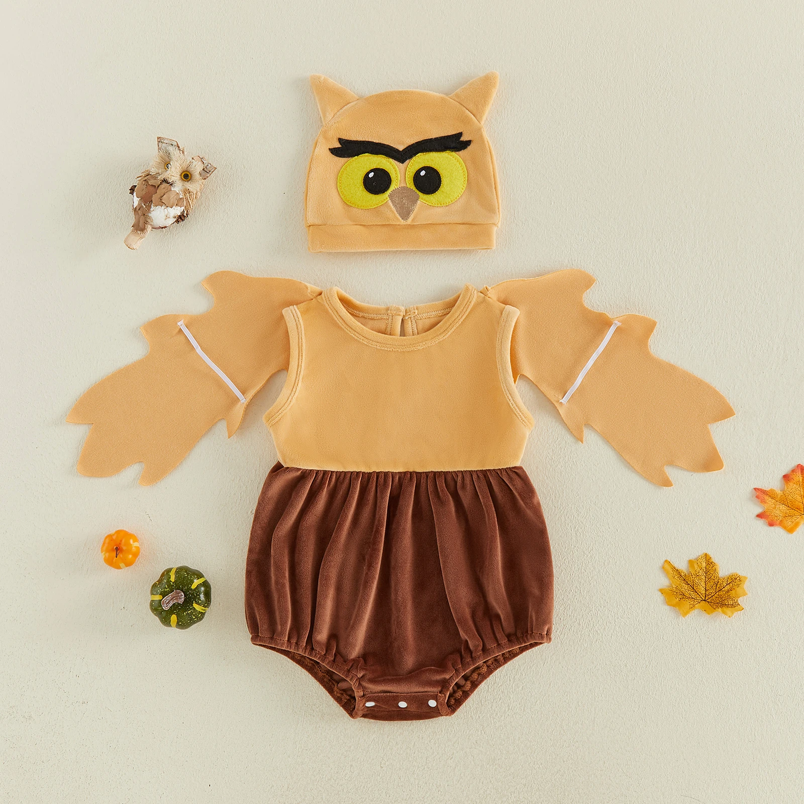 Infant Boy Halloween Owl Costume Crew Neck Velvet Bubble Romper and Hat Set Newbron Infant Baby Halloween Outfit Animal Costume