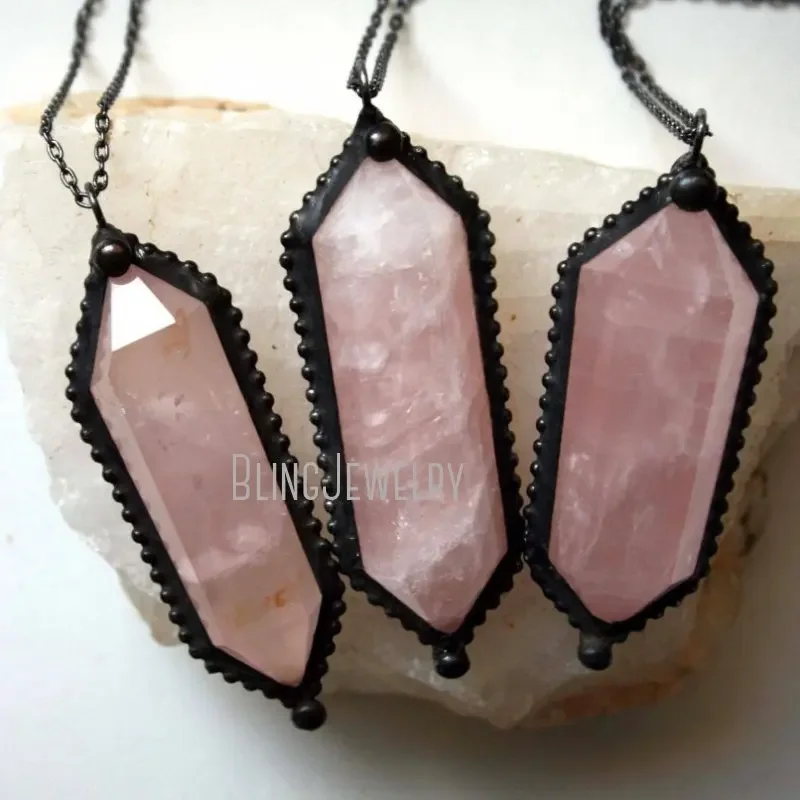 10pcs Rose Quartz Pink Crystal Love Steel Chain Necklace Wicca Witch Goth Boho Halloween Y2k Women Aesthetic Emo Jewelry Arcane