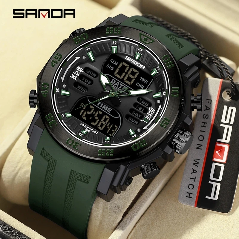 

SANDA 6029 2023 New Dual Display Outdoor Sports Army Green Strap 50M Waterproof Watch Multifunction LED Digital Watches For Men