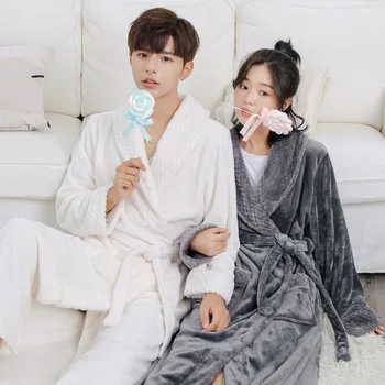 두꺼운 플란넬 커플 긴 로브 잠옷, 겨울 남성 잠옷, 라운지웨어, 느슨한 산호 플리스 목욕 가운, 주머니가 있는 홈웨어