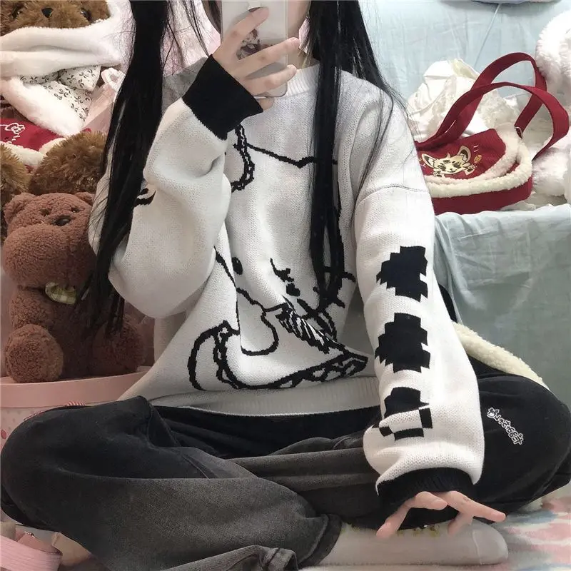 Sanrio Original Hello Kitty Japanese Cute Soft Girl Knitted Sweater Cute Warm O-Neck Sweater Everyday Versatile Sweet Pullovers