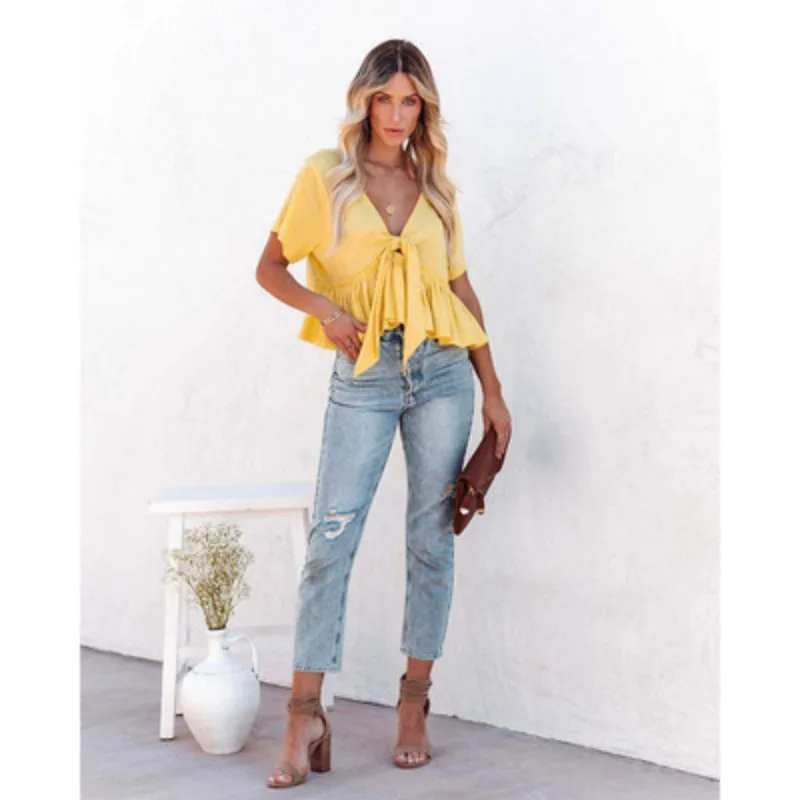 Summer new women's solid color chiffon loose short sleeve strap ruffled top